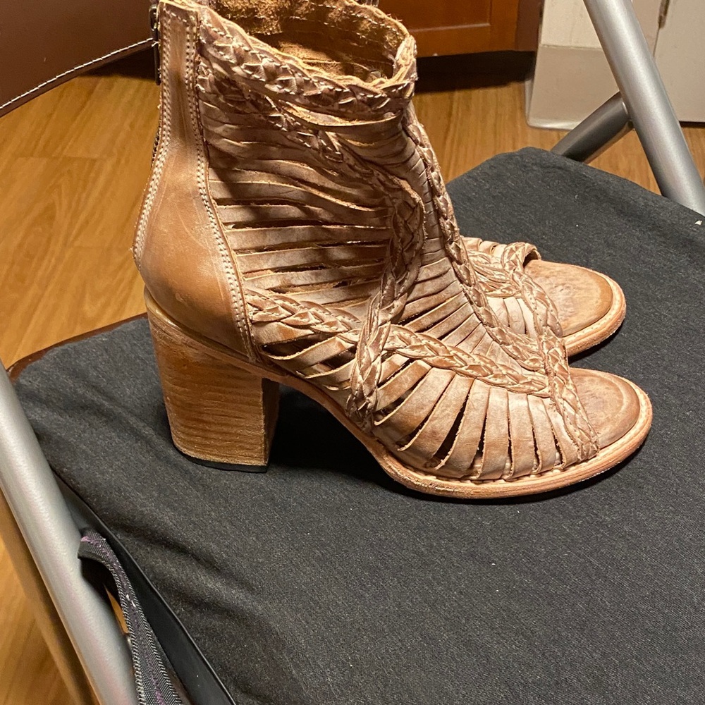freebird Tan Braided Leather Cutout Block Heel Sandals